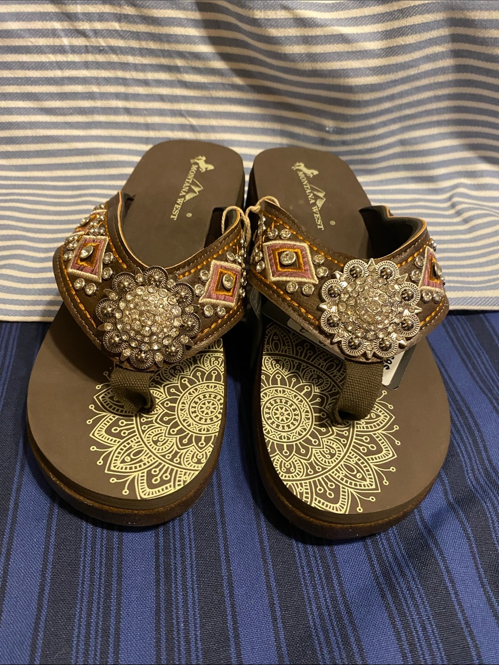 Montana West Brown Embellished Thong Sandals with Crystal Medallions